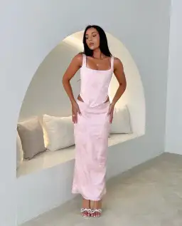 House of CB Luisette Metallic Midi Skirt & Rafa Corset Set Pink Floral Size 8  for rent on The Volte - image 3