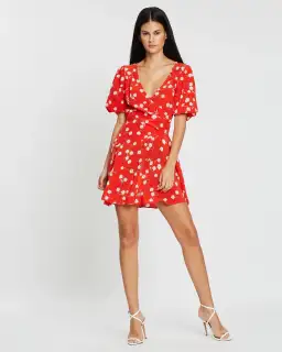 Bec & Bridge Wrap Daisy Mini Dress Red Floral Size 12 for rent on The Volte - image 1