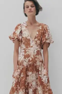 Shona Joy Capucine Linen Plunged Short Sleeve Midi Dress Almond Size 10 / M for rent on The Volte - image 5