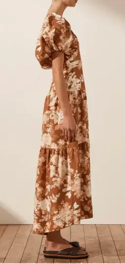 Shona Joy Capucine Linen Plunged Short Sleeve Midi Dress Almond Size 10 / M for rent on The Volte - image 3