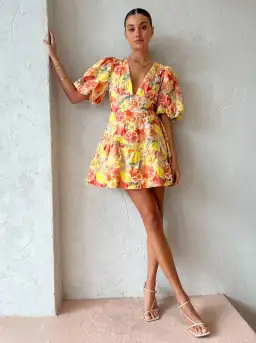 By Nicola Sol Puff Sleeve Mini Dress In Citrus Print Orange Size AU 8 for rent on The Volte - image 1