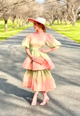 Zimmermann Postcard Puff Sleeve Midi Dress Ombre Watermelon Size 0P /Au 6 for rent on The Volte - image 1