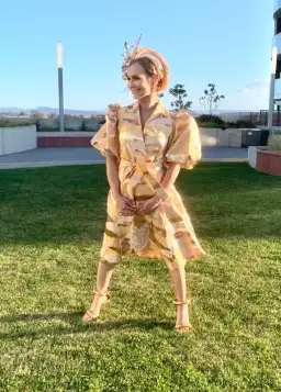 Stine Goya Belinda Gold Horizon Puff Sleeve Midi Dress Gold Size XS/AU 4 for rent on The Volte - image 3