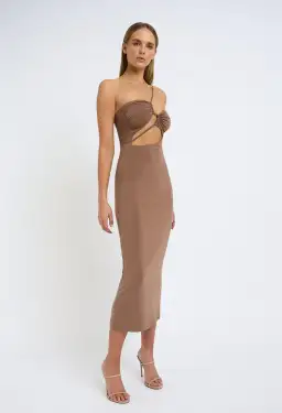 By Johnny Siya Slice Gather Midi Dress Tan Size 12 / L