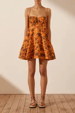 Shona Joy Uli Linen Corded Circle Mini Dress Orange Print Size 12