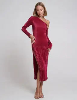 L'idee Soiree Gigi Pleated One Sleeve Cold Shoulder Gown Dress Ruby Red Size 8 / S