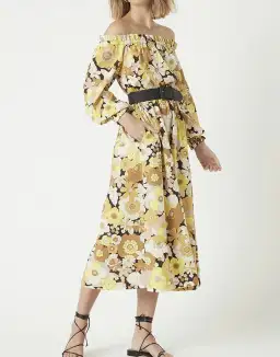 Rebecca Vallance Fiore Midi Cotton Dress Yellow Sunflower Floral Size AU 8