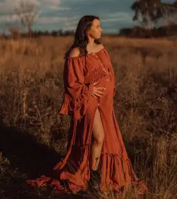 We Are Reclamation Ruffle Me Open Gown in Rust One Size Fits Most  for rent on The Volte - image 7