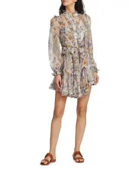 Zimmermann Tama Ruffle Mini Dress in Diamond Splice Floral Size 0/AU 8