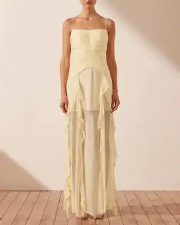 Shona Joy Gina Ruched Frill Maxi Dress in Limoncello Size 6 for rent on The Volte - image 1