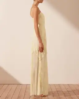 Shona Joy Gina Ruched Frill Maxi Dress in Limoncello Size 6 for rent on The Volte - image 2