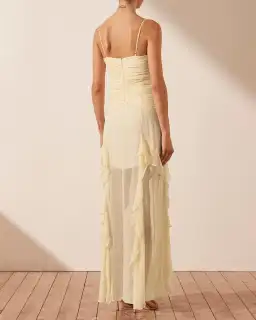 Shona Joy Gina Ruched Frill Maxi Dress in Limoncello Size 6 for rent on The Volte - image 3