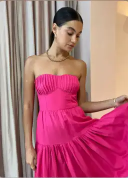 Shona Joy Joanine Linen Strapless Ruched Midi Dress Pink Size 8 / S for rent on The Volte - image 2