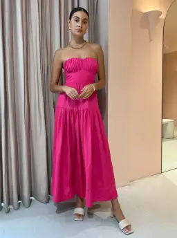 Shona Joy Joanine Linen Strapless Ruched Midi Dress Pink Size 8 / S for rent on The Volte - image 1