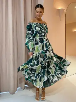 Alemais Siena Off Shoulder Shirt Midi Dress In Green Floral Long Sleeve Green Size AU 14 for rent on The Volte - image 1