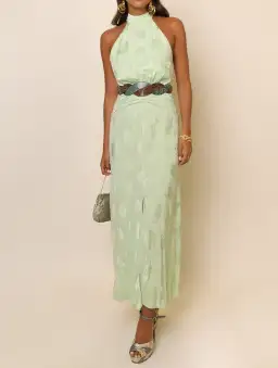 Rixo Kendra Halter Neck Midi Dress in Pistachio Poppy Jacquard
Size XXS / Au 6