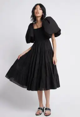 Aje Cherished Casa Puff Sleeve Midi Dress Black Tiered Size AU 8