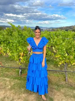 Aje Eleni Tiered Maxi And Rhythmic Frill Bodice Set Blue Size AU 12  for rent on The Volte - image 1