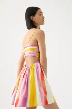 Aje Aurora Stripe Liza Ruched Baby Doll Mini Dress Cut Out Multi-colored Size AU 12