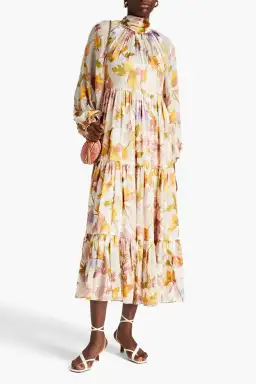 Zimmermann Tempo Gathered Floral Print Fil Coupé Chiffon Midi Dress Size 0/Au 8 