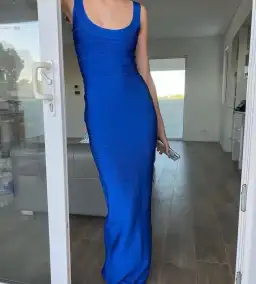 Herve Leger Cobalt Blue Round Neck Gown Blue Size Small for rent on The Volte - image 2