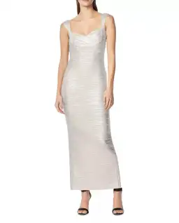 Herve Leger Sweetheart Banded Foil Gown Silver Size 8 for rent on The Volte - image 1