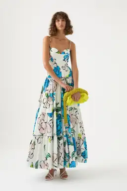 Aje Botanical Tiered Maxi Dress Cool Camelia Blue White Floral Size AU 10