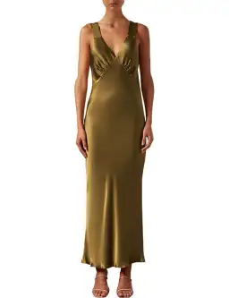 Shona Joy Giorgia Plunged Midi Dress Olive Green Size AU 12
