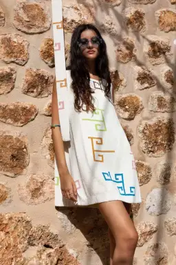 Lucy Folk Eos Beaded Swing Mini Dress with Belt Ecru Cream Size M / AU 10 for rent on The Volte - image 3