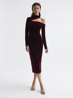 Reiss Tatiana Velvet Cut-out Shoulder Dress Black Size AU 6 for rent on The Volte - image 1