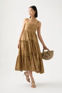 Aje Sophie Tiered Midi Dress Brown Size 10