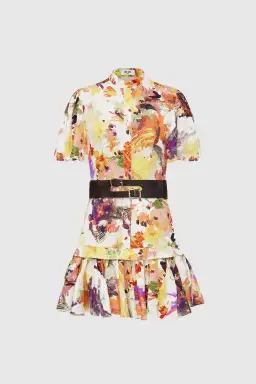 Leo Lin Poise Linen Shirt Mini Dress Floral with Belt Size 8