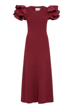 Aje Questa Puff Midi Dress Burgundy Size 4 XXS / AU 4