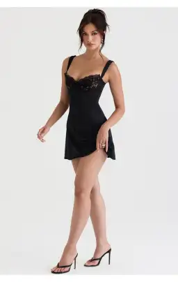 House of CB Adriana Satin and Lace Mini Dress Black Size S/AU 8 for rent on The Volte - image 1