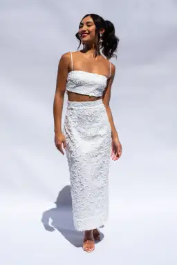 Isabella Longginou Textured Bow Tie Crop and Fitted Pencil Skirt Set White Size 6