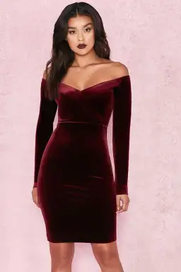 House Of CB Martinella  Velvet Off Shoulder Pencil Dress Red Wine Size 6 for rent on The Volte - image 1