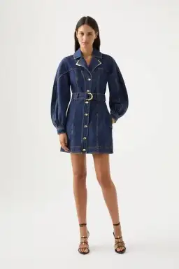 Aje Elena Belted Denim Mini Dress Washed Indigo Size 10 / M for rent on The Volte - image 1