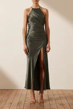 Shona Joy La Lune Gathered Square Neck Bias Midi Dress Olive Size 10 for rent on The Volte - image 1