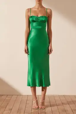 Shona Joy Lana Corded Ruched Midi Dress Tree Green Size 8