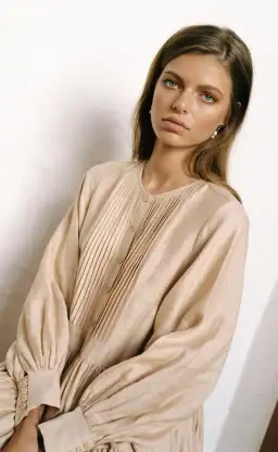 Shona Joy Savoye Linen Tuxedo Shirt Dress Biscuit Size 8 for rent on The Volte - image 2