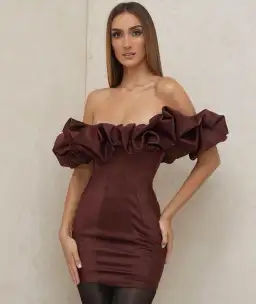 House of CB Selena Satin Ruffle Strapless Mini Dress Brown Size M / Au 10 for rent on The Volte - image 1