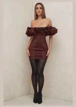 House of CB Selena Satin Ruffle Strapless Mini Dress Brown Size M / Au 10 for rent on The Volte - image 2