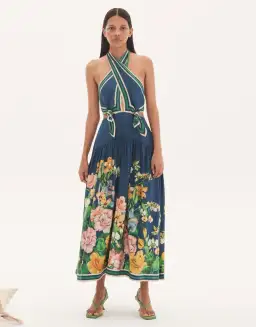Alemais Lyla Halter Midi Dress  Royal Blue Floral Size AU 12