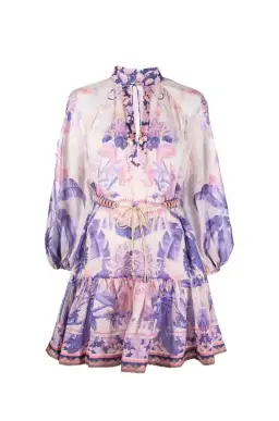 Zimmermann Lyre Billow Mini Dress in Purple Palm Print Size 0 / Au 8 for rent on The Volte - image 2