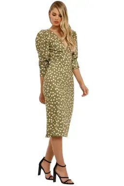 By Johnny Peach Polka V Plunge Midi Dress Olive Green Khaki Size AU 6 for rent on The Volte - image 2