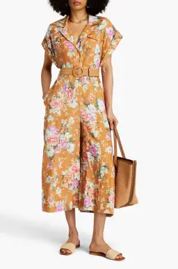 Zimmermann Cropped Belted Linen Jumpsuit Floral Size 2 / AU 12