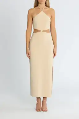 Bec & Bridge Iris Halter Midi Dress Macadamia Nude Size AU 14