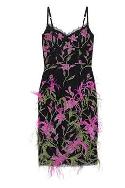 Marchesa Notte Feather Embellished Embroidered Tulle Dress Black Size 12