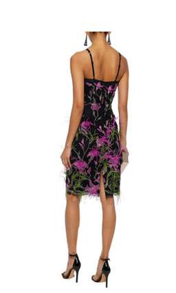 Marchesa Notte Feather Embellished Embroidered Tulle Dress Black Size 12