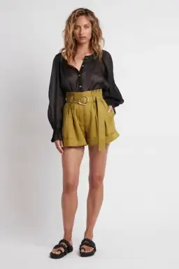 Aje Byblos Belted Linen Short in Olive Green Size AU 8  for rent on The Volte - image 1